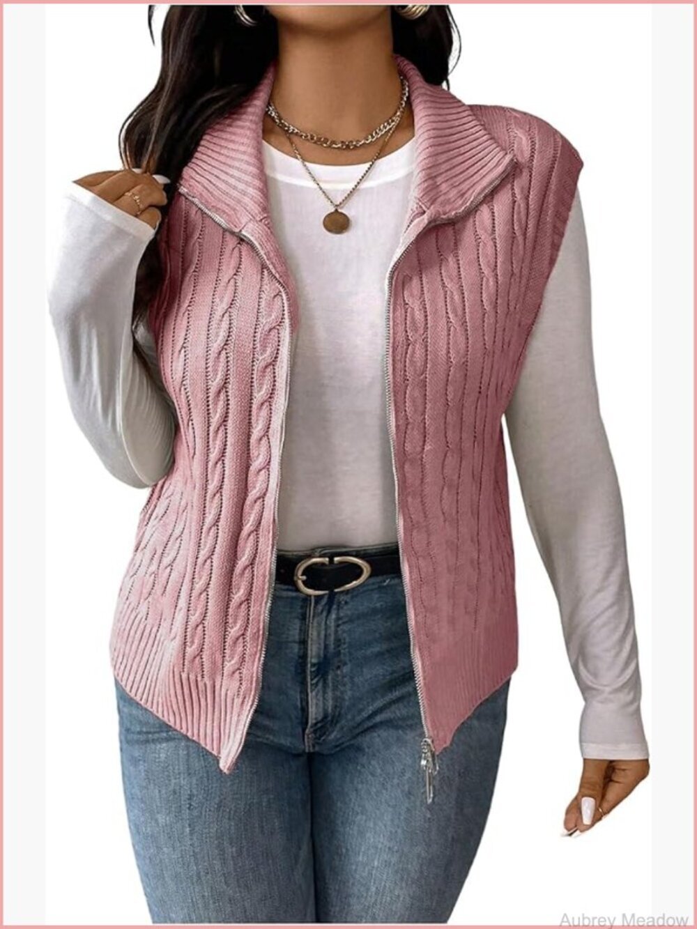 Plus Size Mock Neck Zip Up Sweater Vest Sleeveless Cable Knit Cardigan